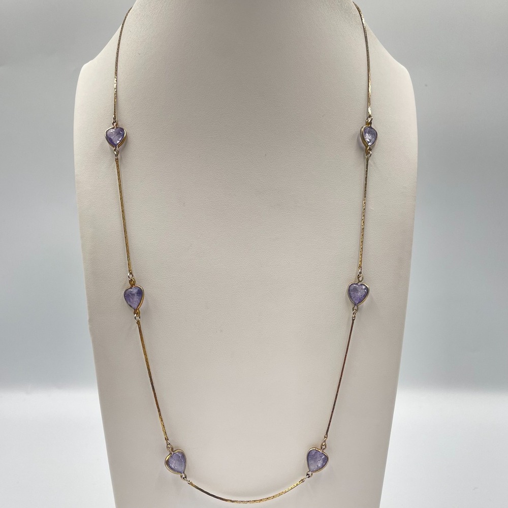 Vintage Y2K Lavender Crackle Glass Heart Stations Gold Tone Link Necklace 80s